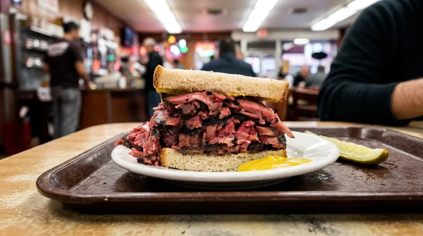 A hand-carved pastrami sandwich on rye piled high on a white plate, on a brown cafeteria tray with a pickle spear and a smear of mustard, a busy delicatessen out of focus behind it