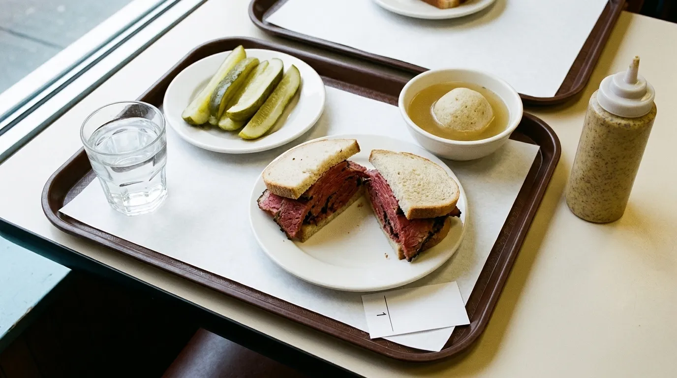 Overhead view of a cafeteria tray on a laminate table holding a halved pastrami sandwich, a plate of pickle spears, a bowl of matzo ball soup, a glass of water and a blank paper ticket