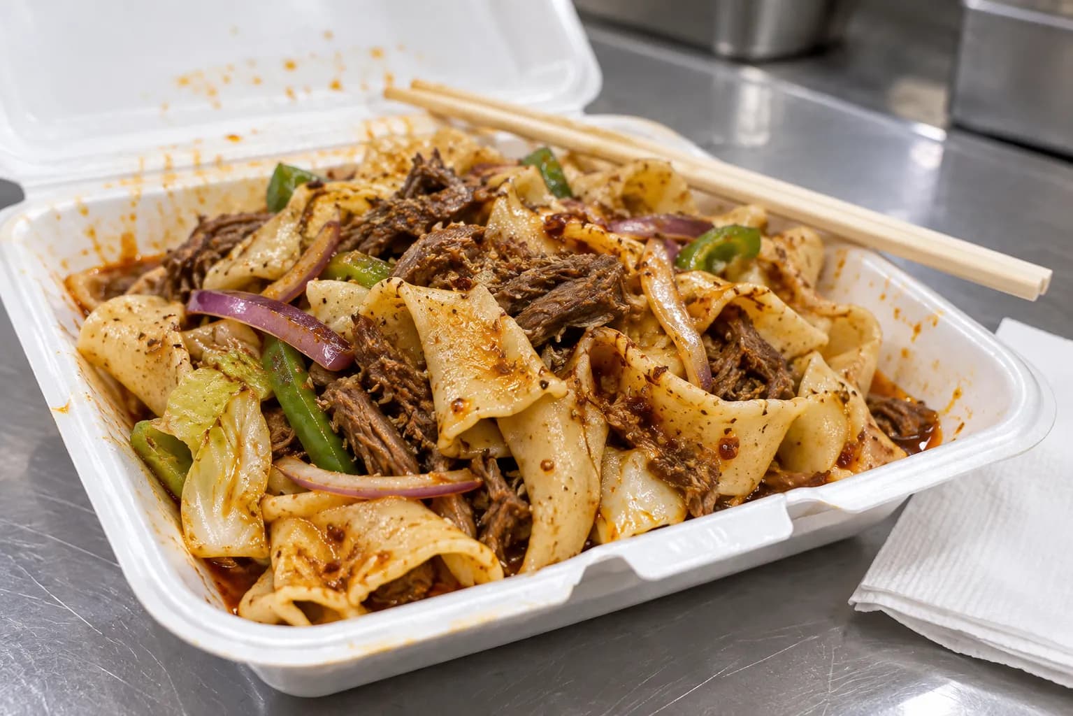 A bowl of wide hand-ripped wheat noodles glossy with chili oil and ground cumin, tangled with shredded lamb, red onion and green pepper, on a plain counter tray