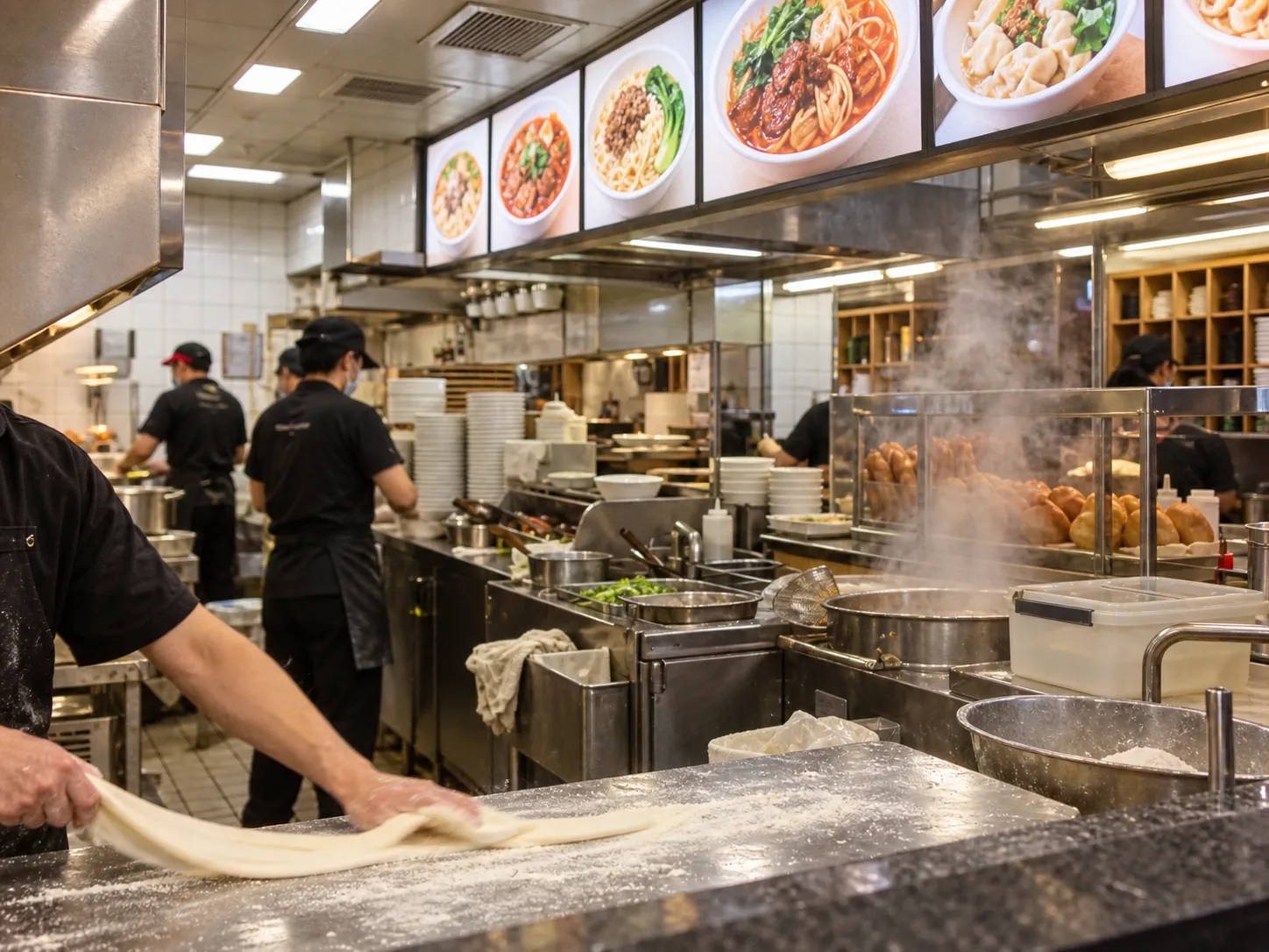 The order counter of a small fast-casual Chinese noodle shop: backlit overhead menu board, stainless prep line and a cook pulling dough into long strands