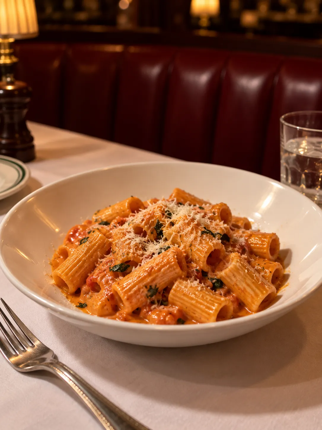 A wide shallow bowl of rigatoni in an orange-pink vodka sauce, glossy and clinging to the tubes, set on a white tablecloth beside a small dish of grated cheese under warm restaurant light