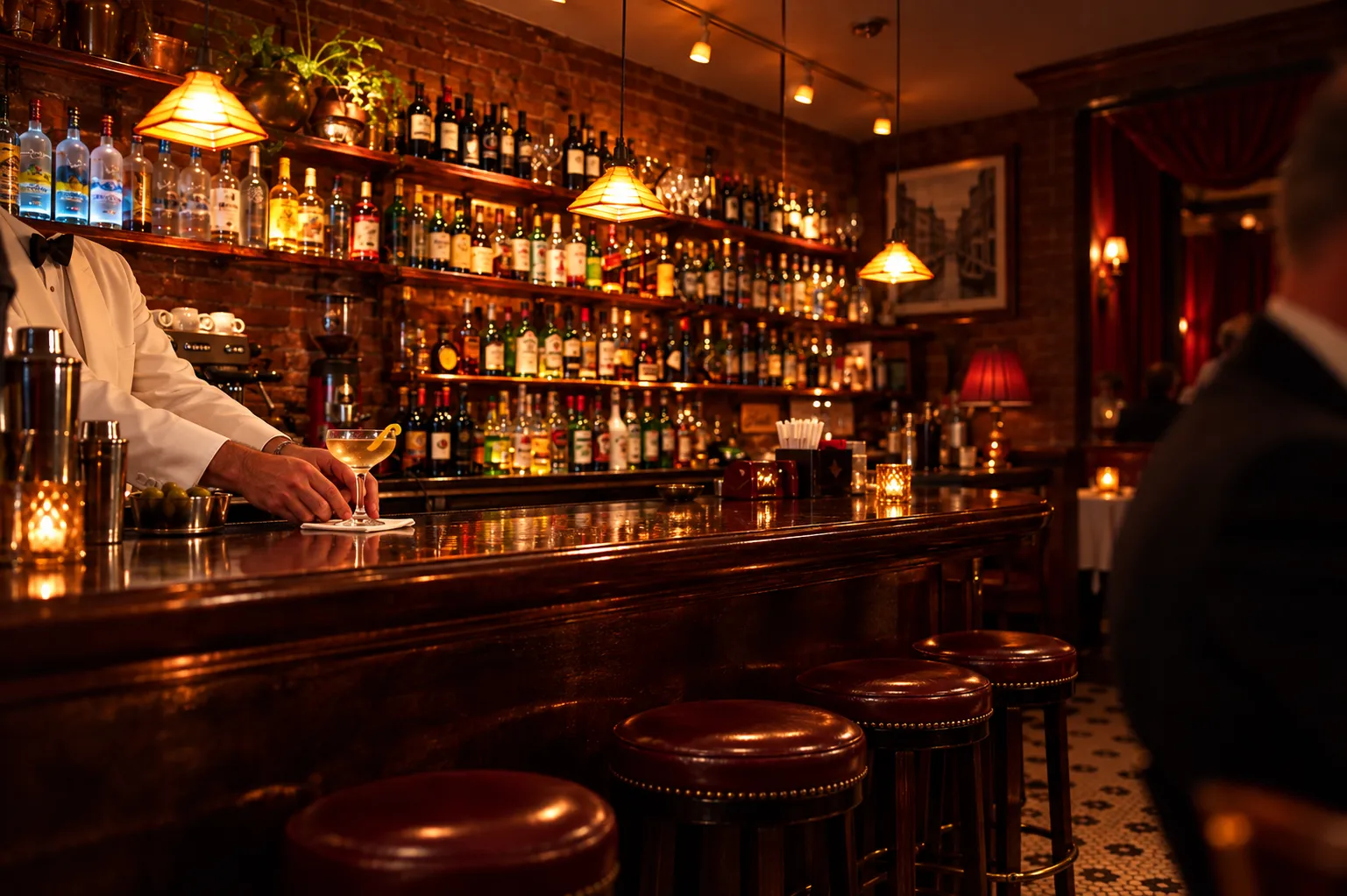 The bar of a mid-century Italian-American restaurant at night: dark wood counter, a row of stools, bottles backlit on glass shelving and a bartender's hands setting down a martini