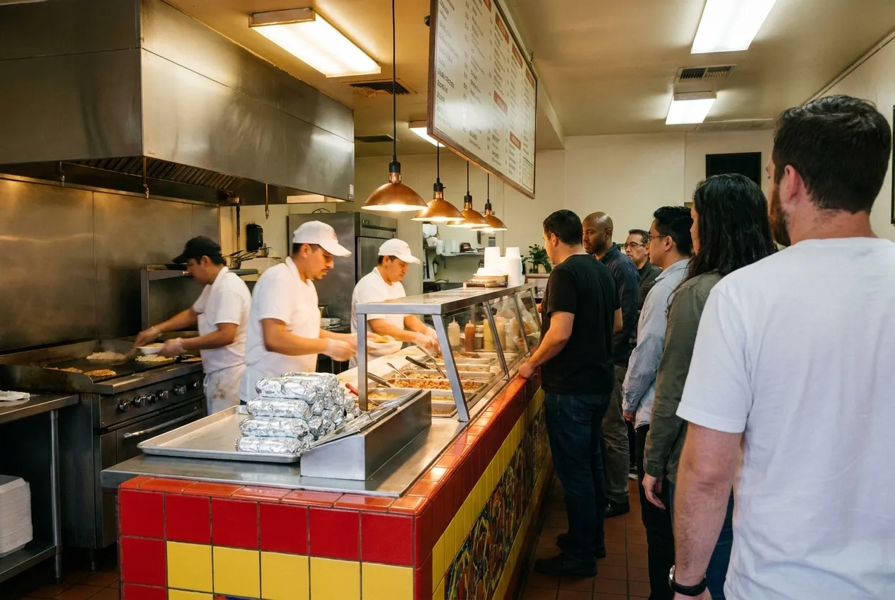 A busy taqueria counter in the Mission with a line of customers and cooks working the griddle