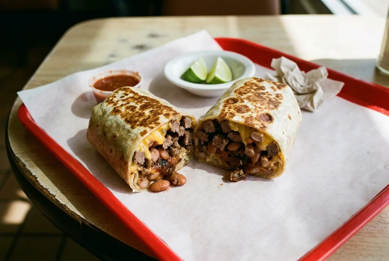 A griddled burrito cut in half on paper, showing dense meat and beans with no rice