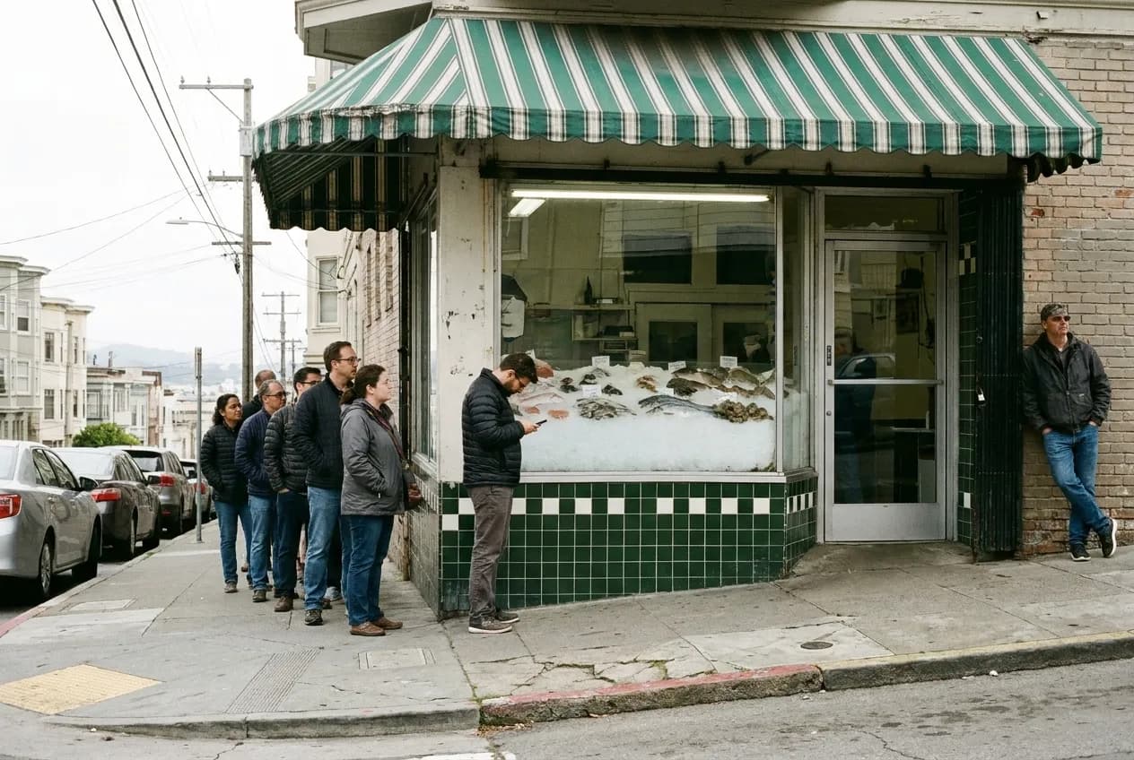 A queue of people waiting on the sidewalk outside a narrow old seafood shop on a city street