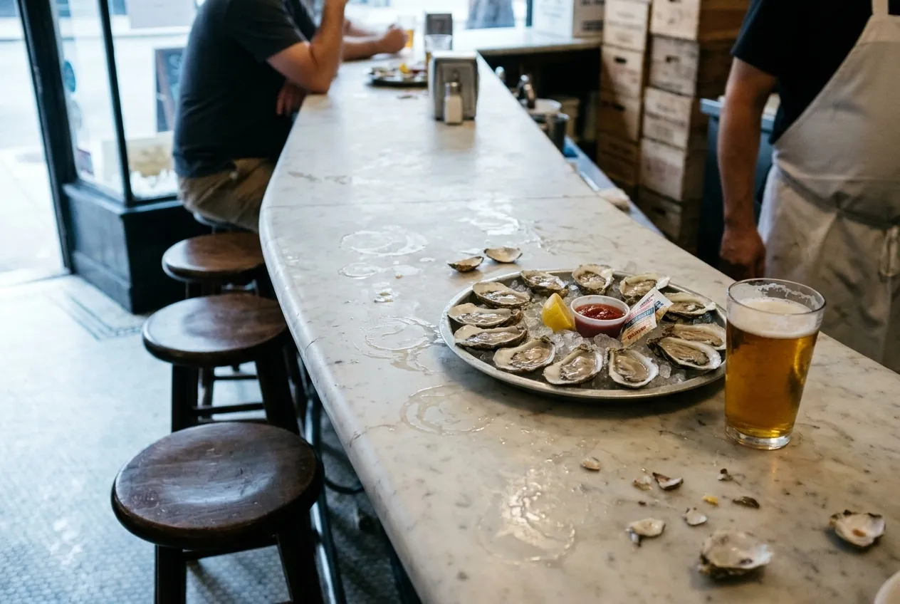 A marble counter lined with wooden stools inside an old seafood bar, oysters on crushed ice