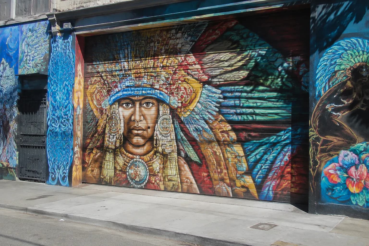 Colorful community mural on a garage door in Balmy Alley, Mission District, with bold reds and blues