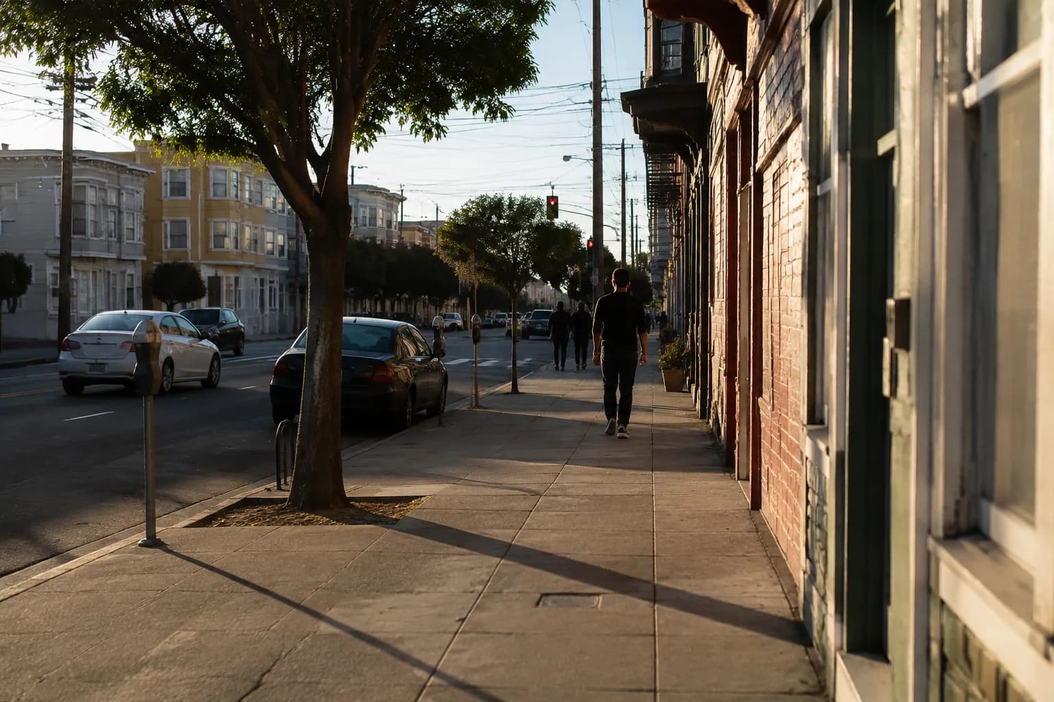 Fillmore Street in Japantown during late afternoon with long shadows