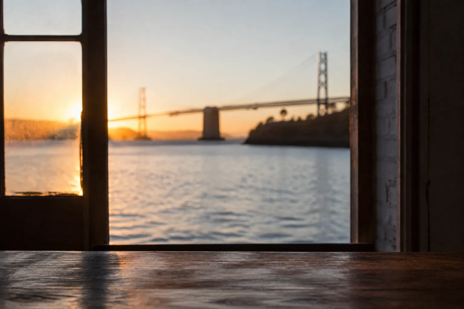 View of San Francisco Bay at golden hour from the Embarcadero waterfront