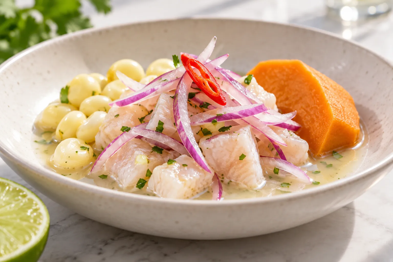 A bowl of white fish ceviche in pale citrus marinade with red onion, corn kernels and a wedge of sweet potato