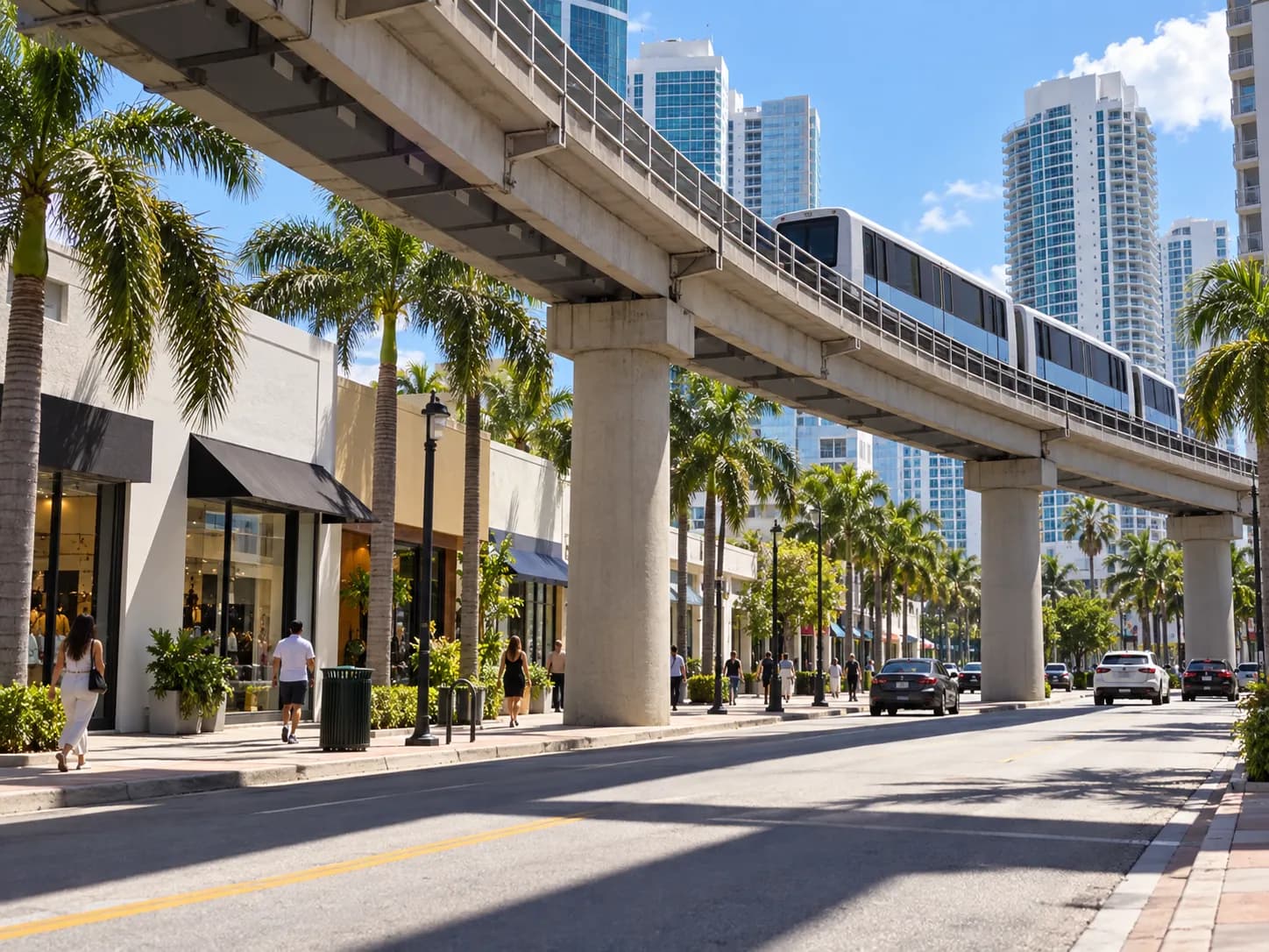A downtown street with an elevated rail line curving overhead and low commercial buildings beneath