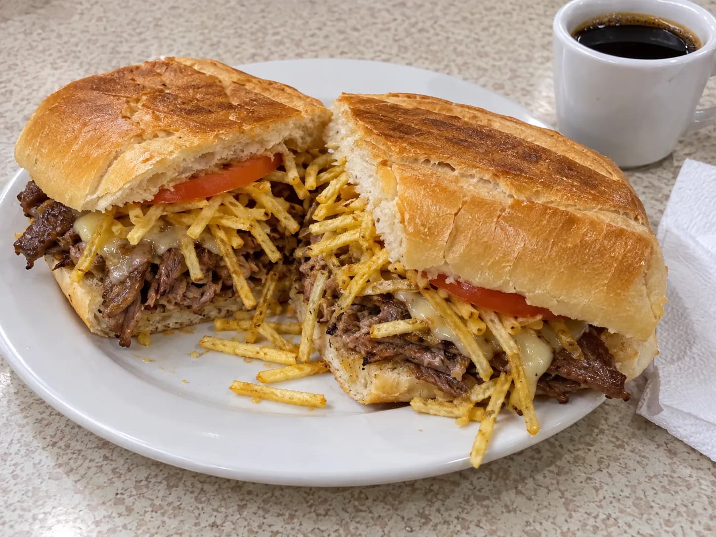 A pressed sandwich of shredded steak with melted cheese and crisp potato sticks spilling from the side, on a plate