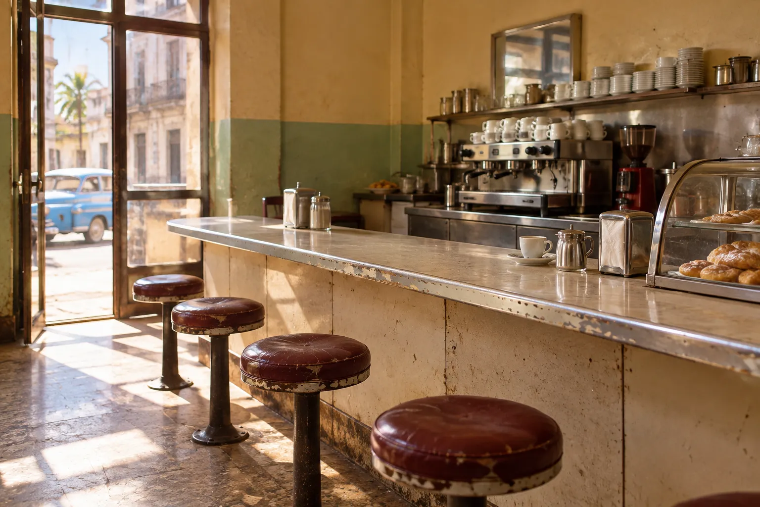 A small Cuban lunch counter with stools, a worn formica top and a coffee machine behind, in bright daylight