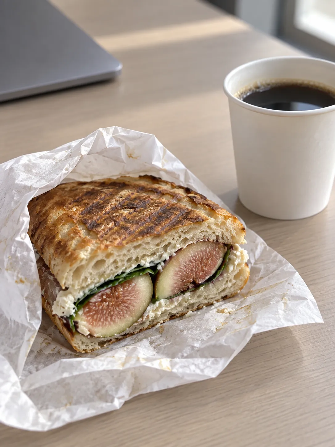 A wrapped sandwich in paper on a desk beside a laptop and a small coffee cup, half unwrapped