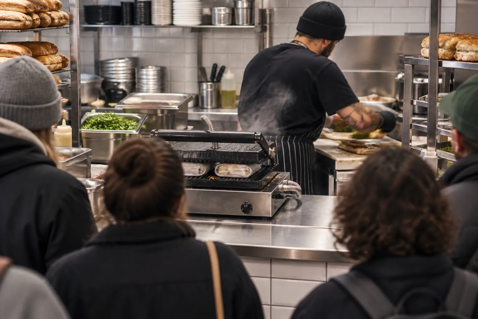A busy sandwich counter at midday with a press in operation and a line of customers waiting