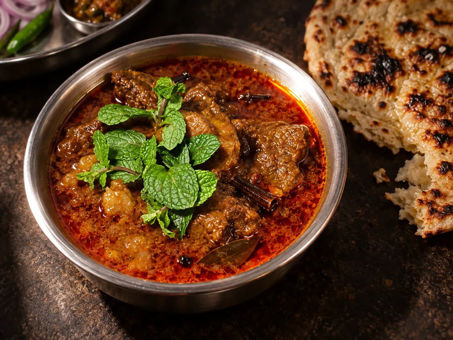 A dark spiced meat dish in a metal bowl with a bright red-orange oil separating at the edges, beside flatbread