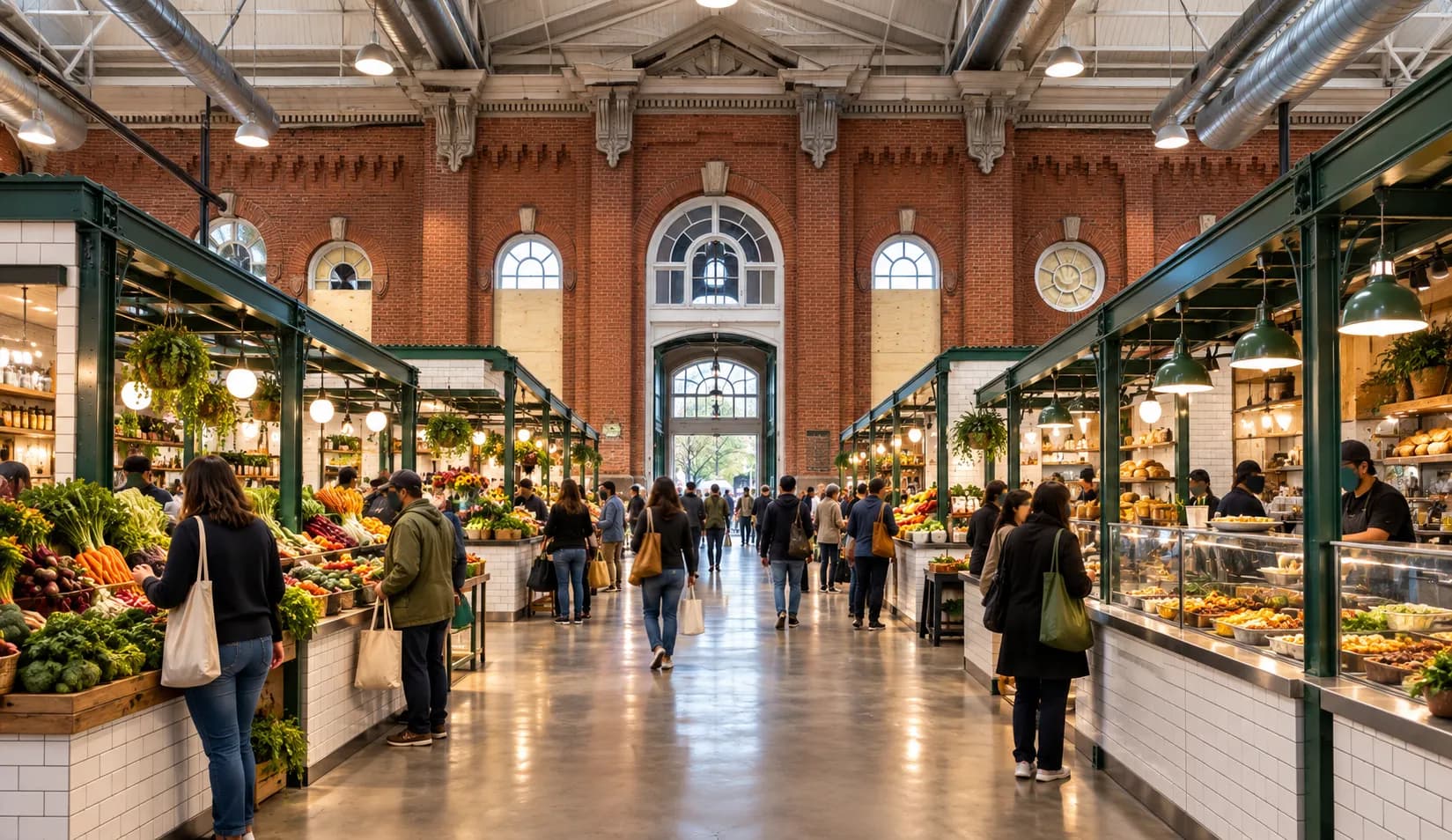 The interior of a covered public market with tiled vendor stalls, high ceilings and shoppers moving between them