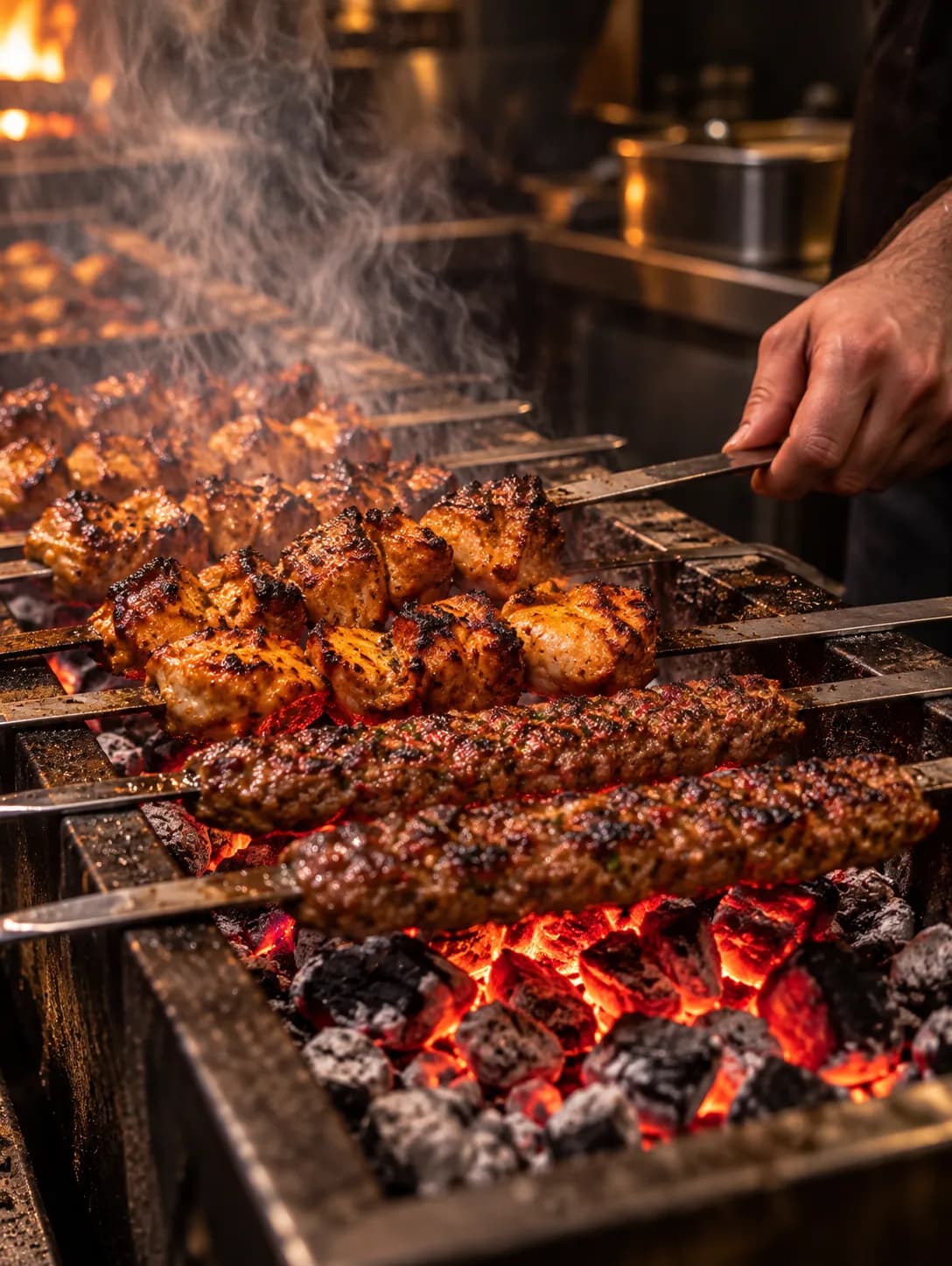 Skewers of minced lamb kebab and chicken cooking over glowing charcoal on a long narrow grill