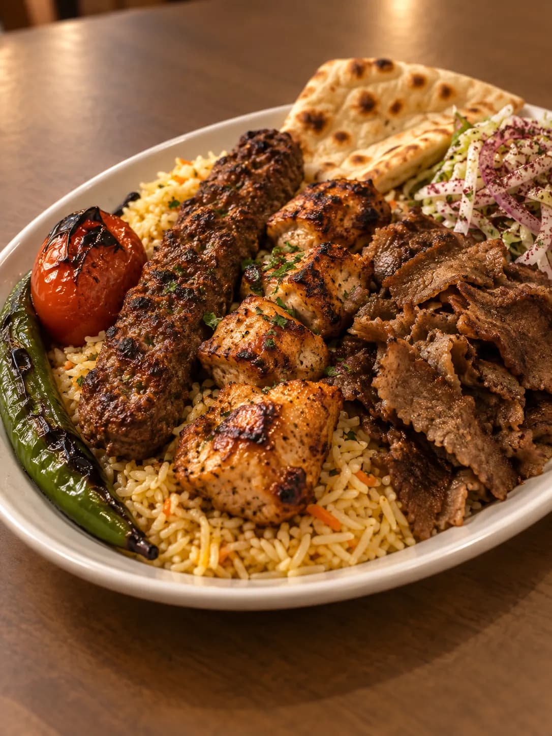 A plate of grilled meats with rice, grilled tomato and pepper, flatbread and a small salad