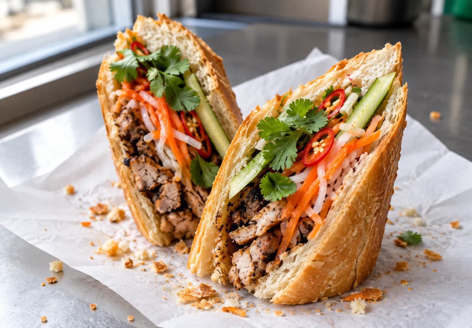 A crusty baguette sandwich cut in half showing pickled carrot, cucumber, chilli and herbs, on paper