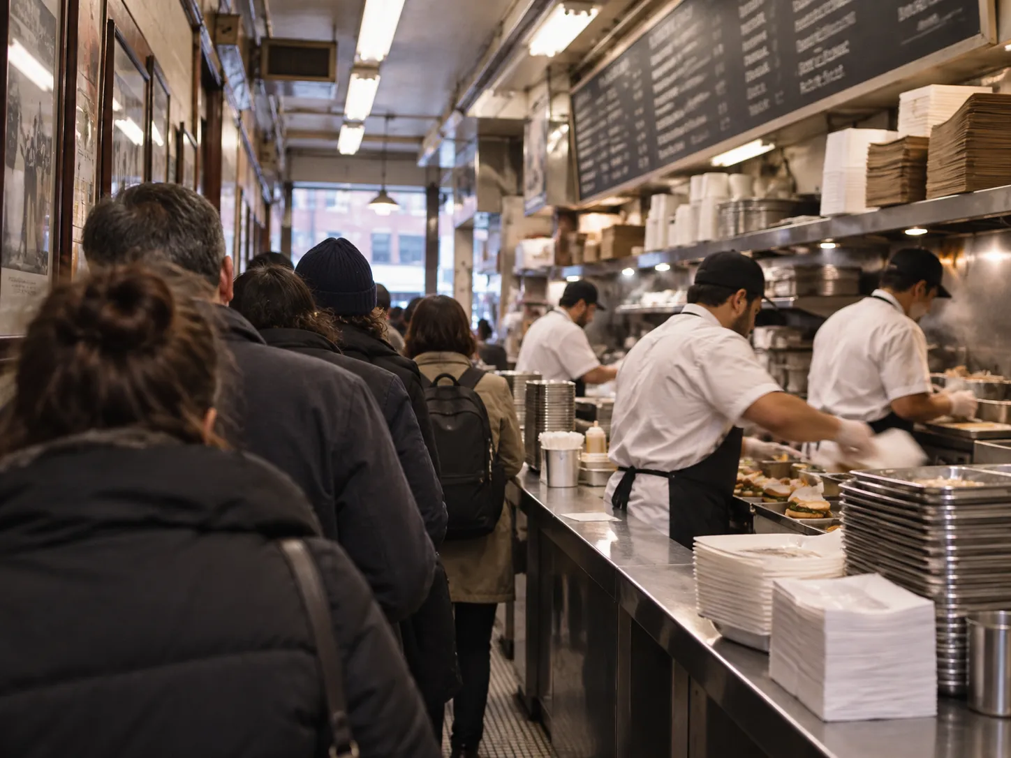 A midday queue at a small Manhattan lunch counter, people waiting along a narrow interior with a menu board above