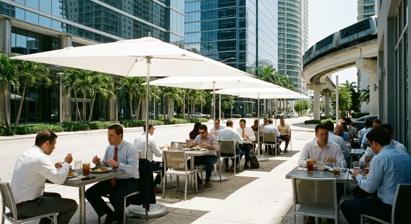 A Brickell pavement terrace at noon with parasol tables, people in work clothes and glass towers behind