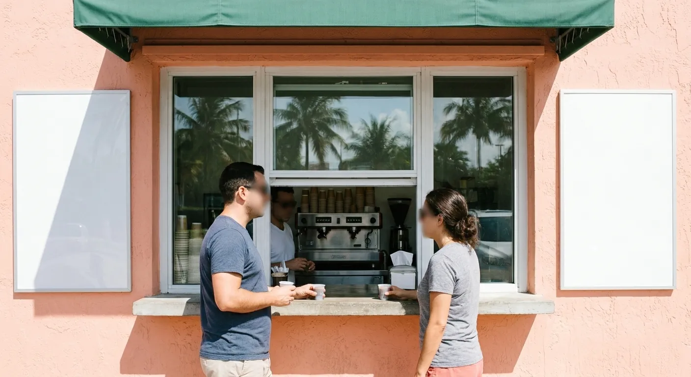 A Miami ventanita at midday, three people standing at the window ledge with small cups of Cuban coffee