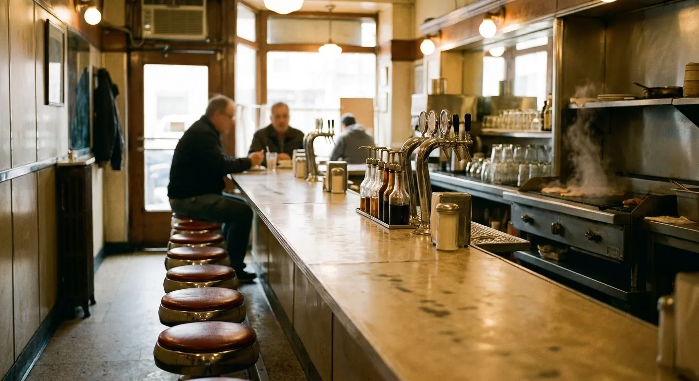 A worn formica lunch counter running into the frame with chrome-and-red stools, a soda fountain behind and a griddle steaming at the far end