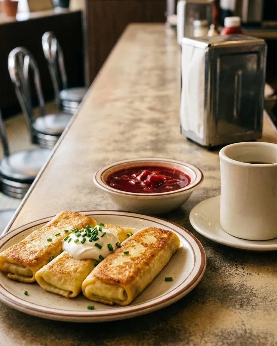 A plate of three cheese blintzes with sour cream and a bowl of borscht on a luncheonette counter beside a thick white coffee cup and a napkin dispenser