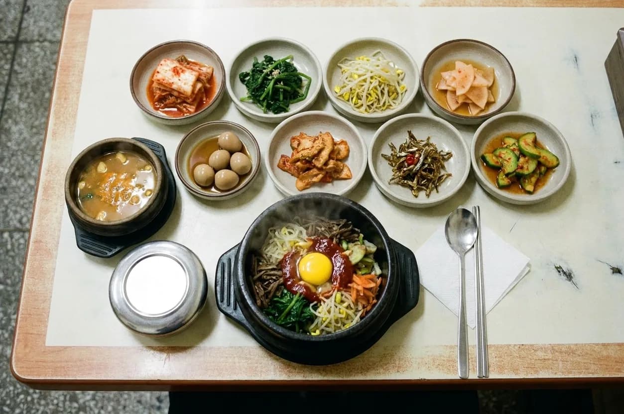 A Korean weekday lunch set on a laminate table, a steaming stone bowl of bibimbap ringed by seven small banchan dishes with soup, rice and metal chopsticks