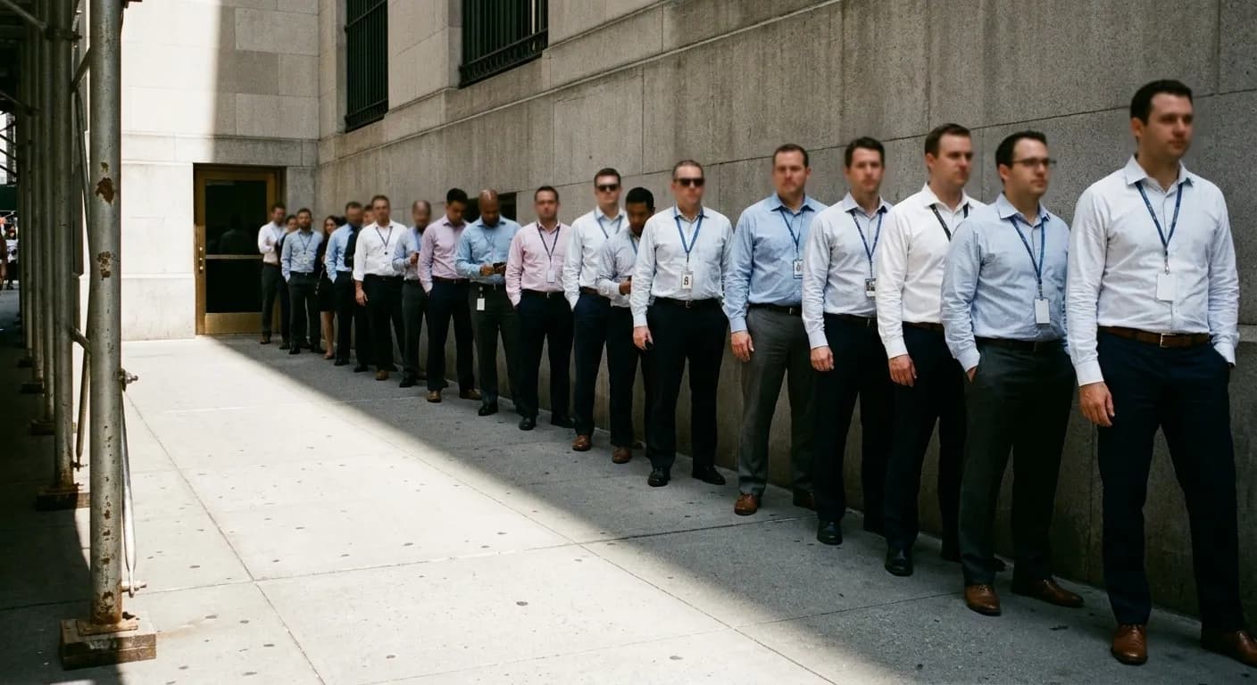Fifteen office workers queueing along a Midtown Manhattan building wall at half twelve in hard midday sun, feeding into a doorway at the far end