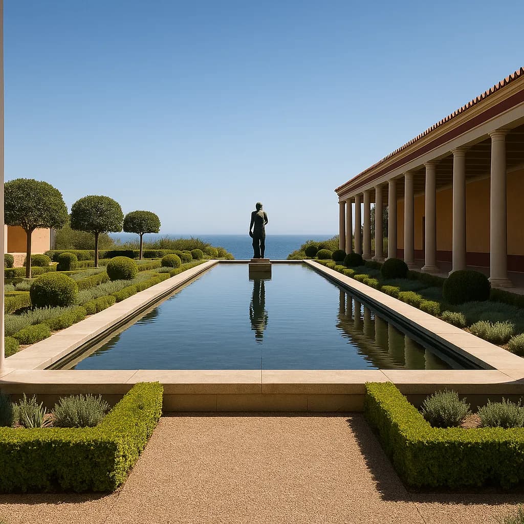 A long formal reflecting pool framed by columns and clipped hedges in a Roman-style garden
