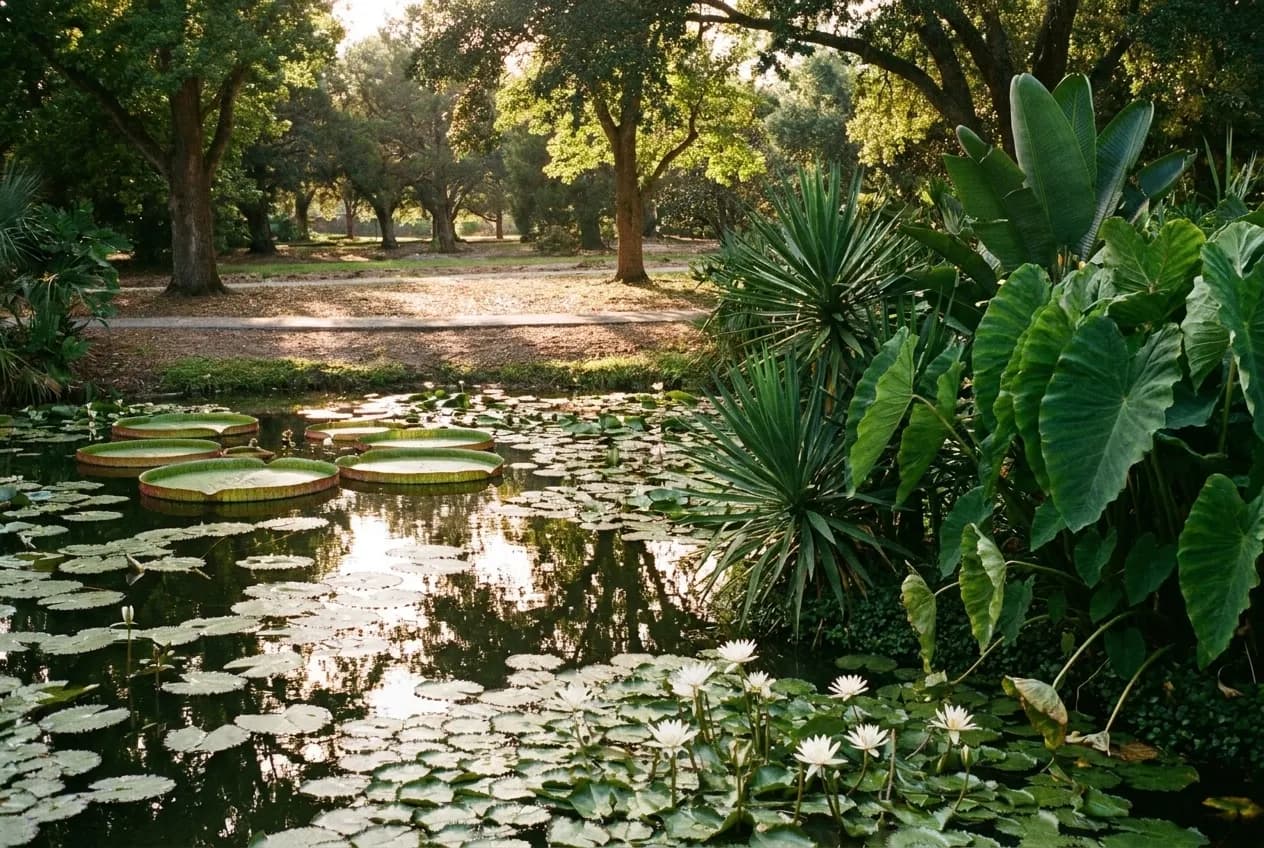 Shaded garden path with lily pond and mature trees at a Los Angeles area botanical garden