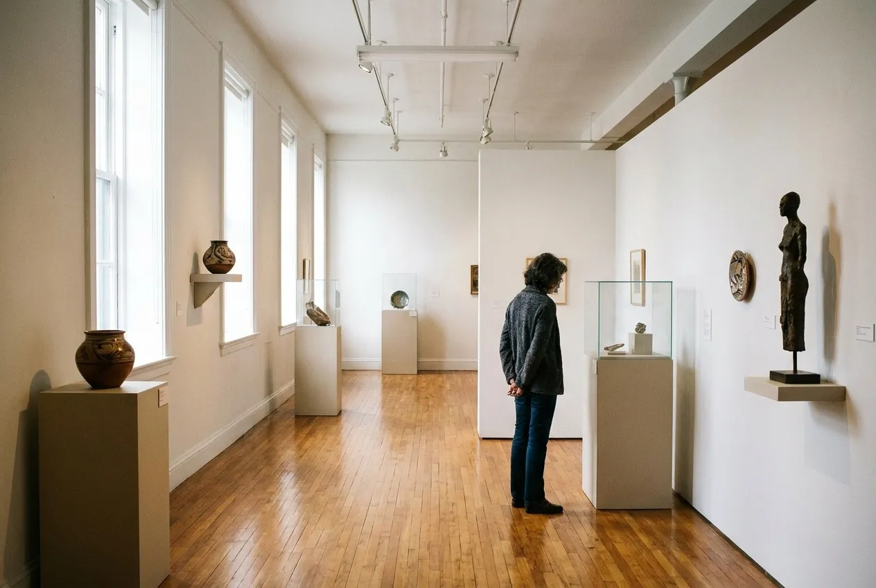 Intimate museum gallery interior with natural light and carefully displayed collection
