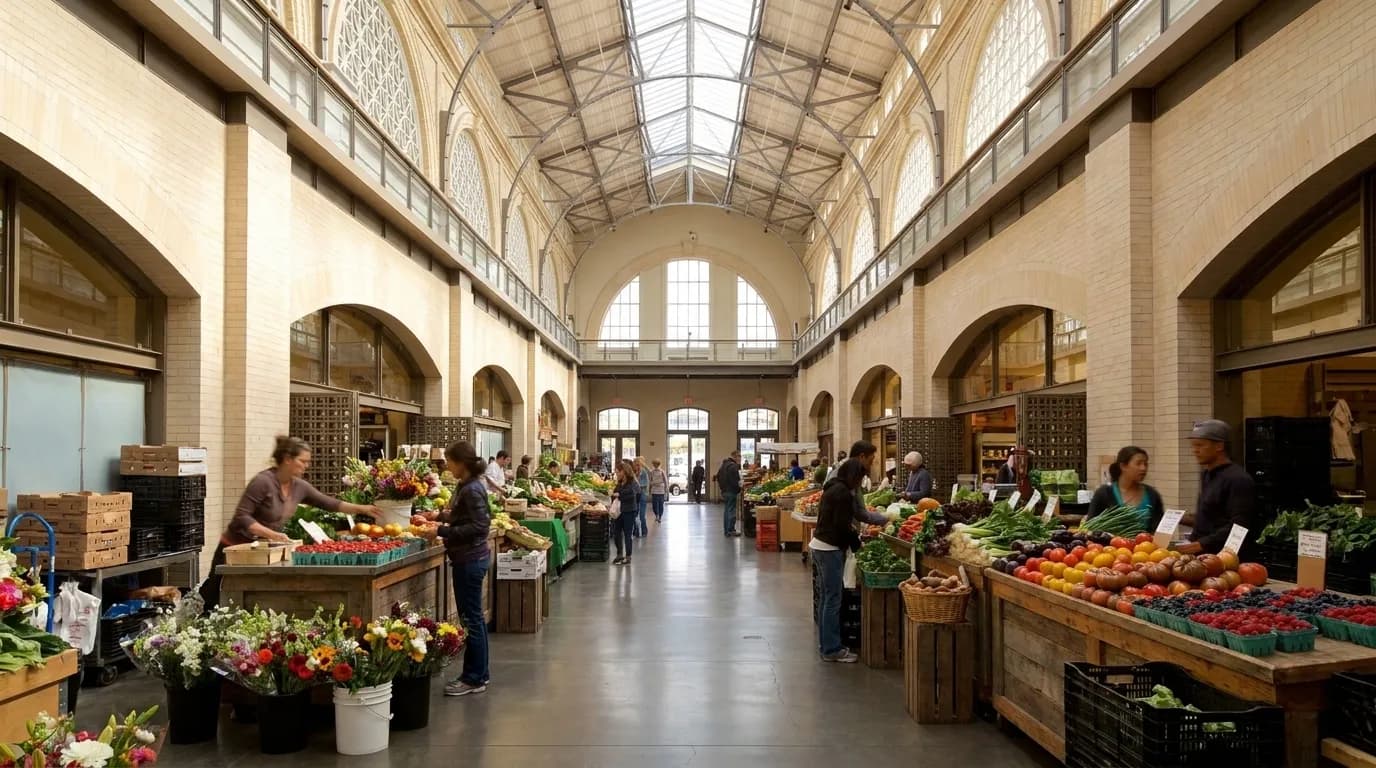Morning light inside San Francisco's Ferry Building marketplace with vendor stalls and arched windows