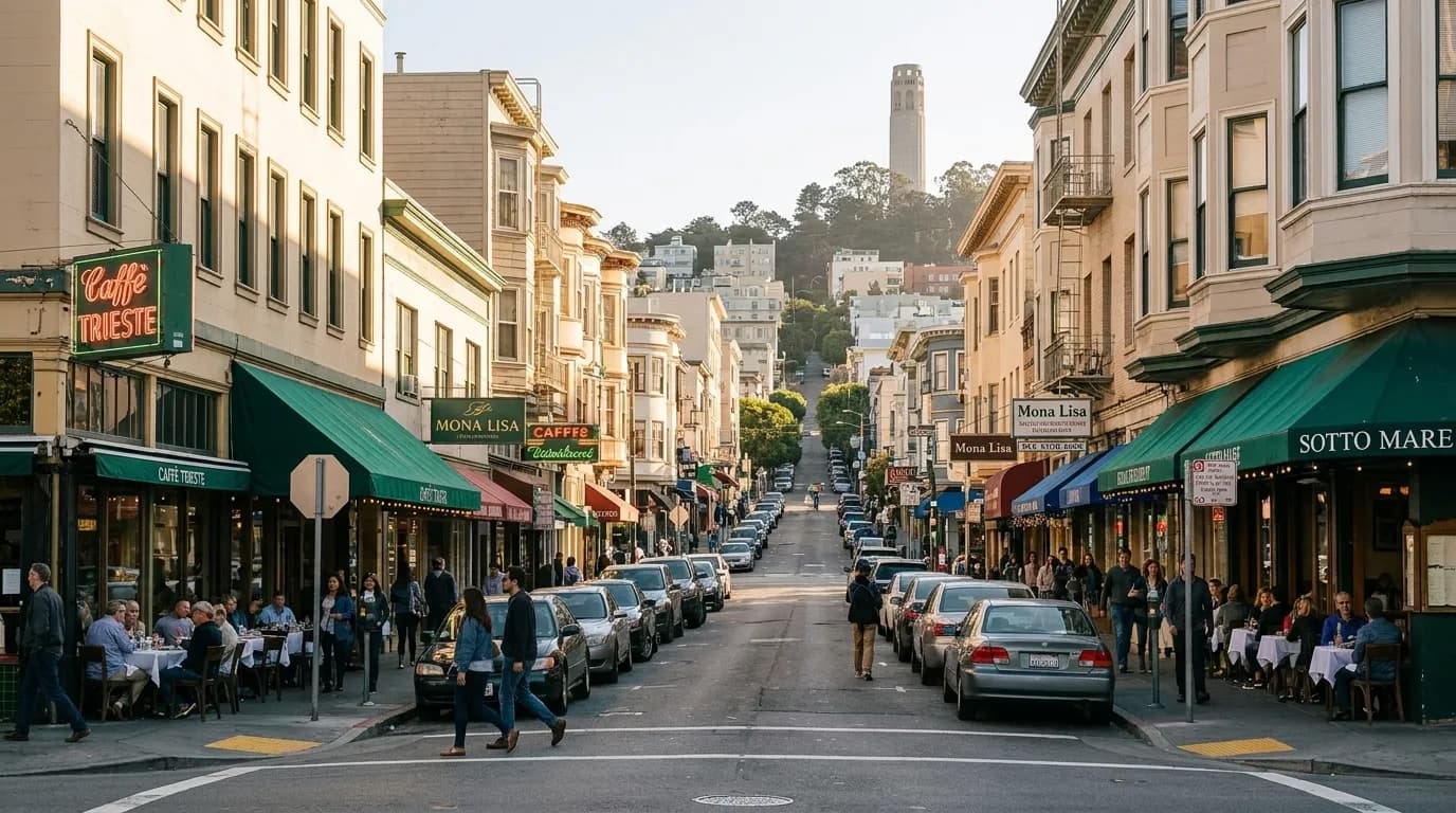 Columbus Avenue in San Francisco's North Beach neighborhood with cafes and pedestrians on a sunny afternoon
