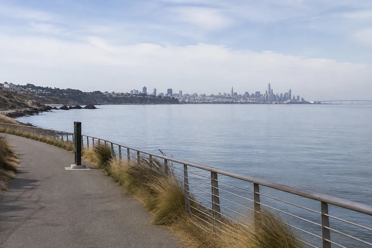Emeryville bay trail with paved path and San Francisco skyline across the water in daylight