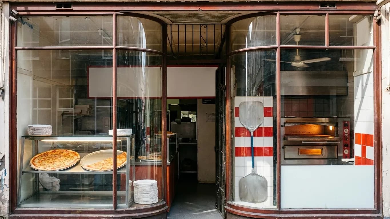 An old-school Miami slice counter at midday, two trays behind glass and a deck oven glowing behind