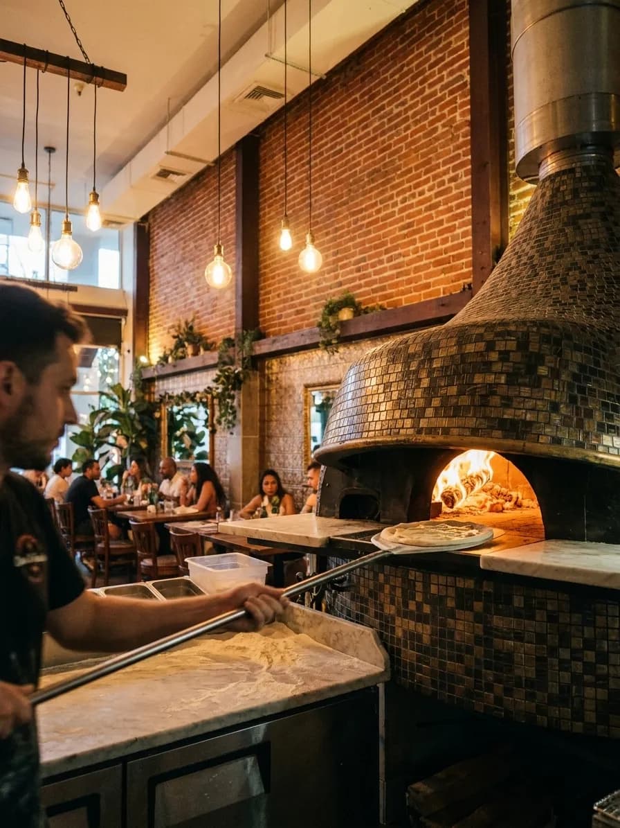 A tiled wood-fired oven glowing orange in a Miami Neapolitan pizzeria, a peel sliding a pale pie towards the flame over a floured marble bench