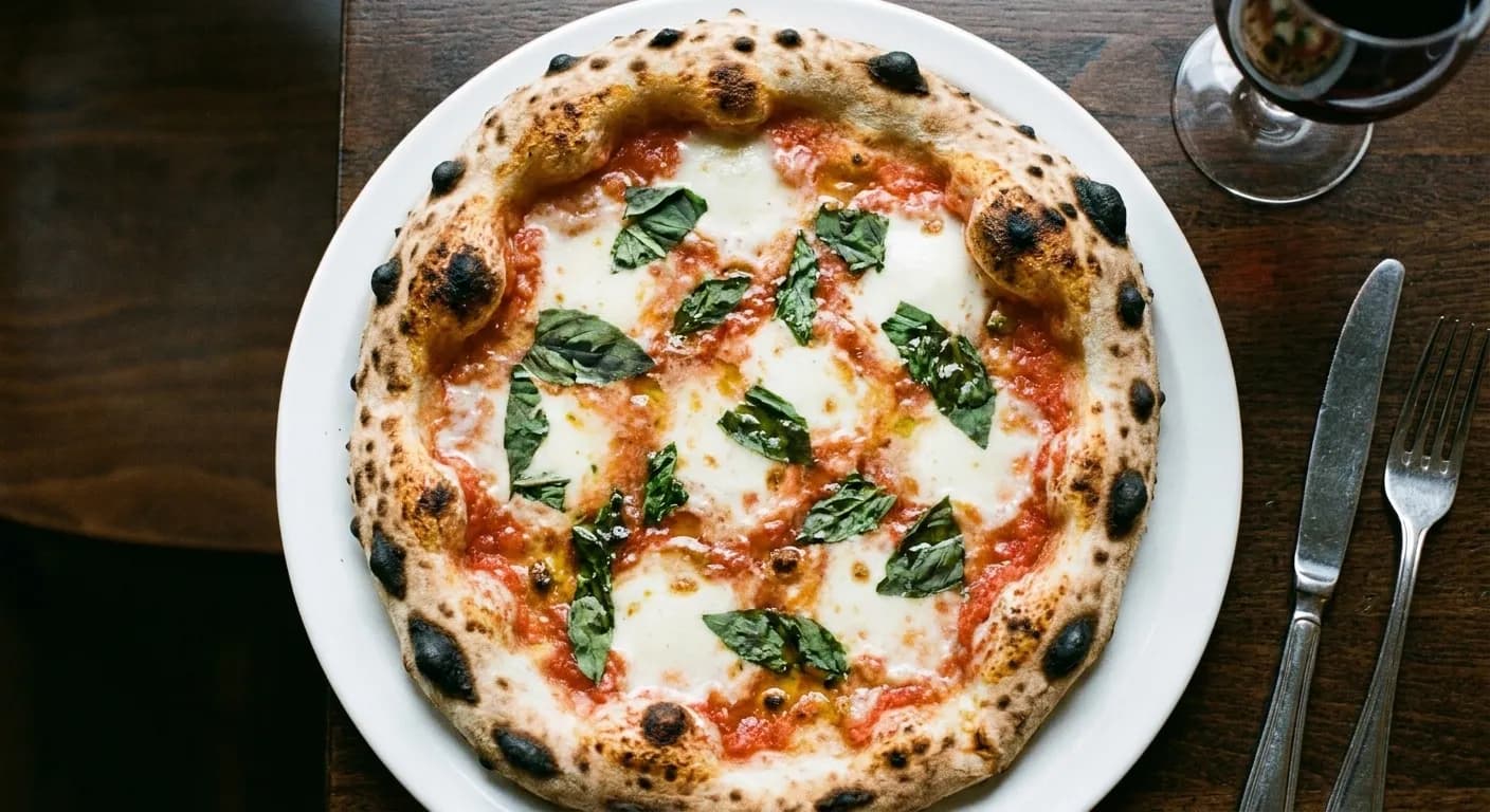 A whole margherita pizza on a white plate with a blistered spotted rim, torn basil and pools of milky mozzarella, knife and fork resting alongside
