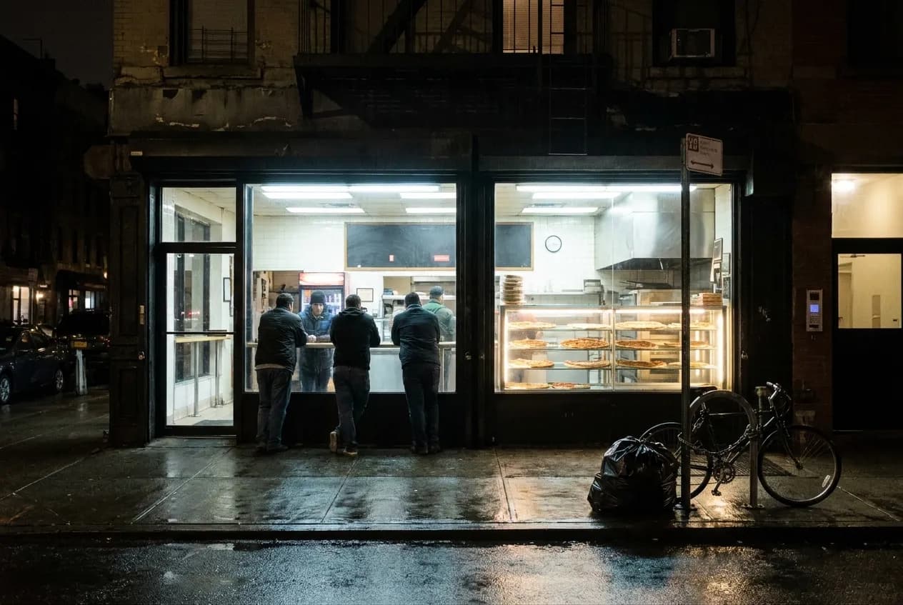 A brightly lit New York pizza counter at three in the morning seen from the wet pavement across the street