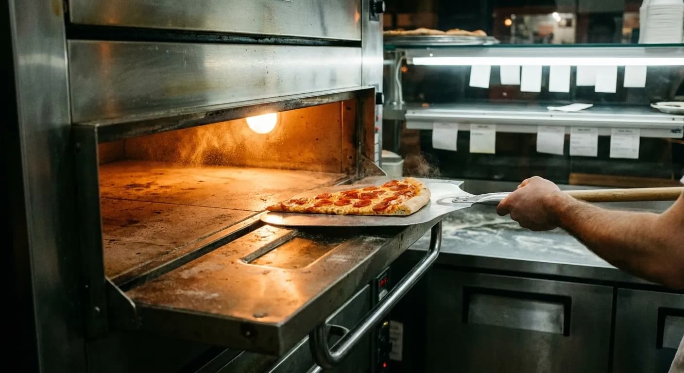 A metal peel sliding a slice into the glowing mouth of a deck oven at a New York pizza counter at night
