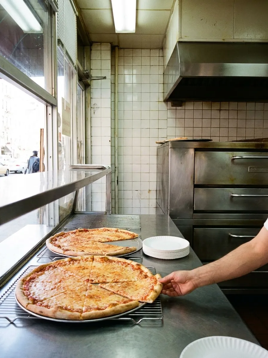 A plain Manhattan slice counter at midday, two large cheese pies open on the stainless counter beside a stack of paper plates, with worn white tile behind and daylight from the open shopfront