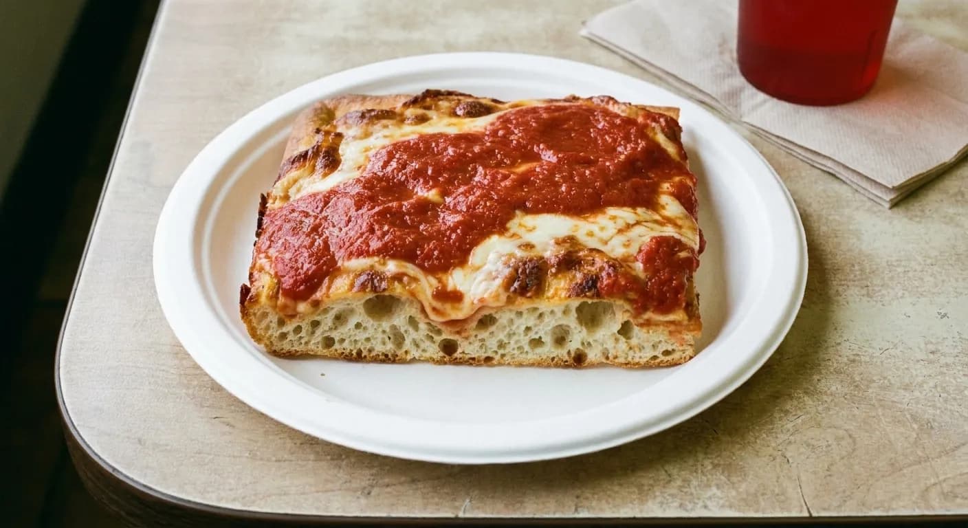 A thick Sicilian square slice with sauce laid over the cheese, on a white paper plate on a laminate table beside a folded napkin and a red plastic cup