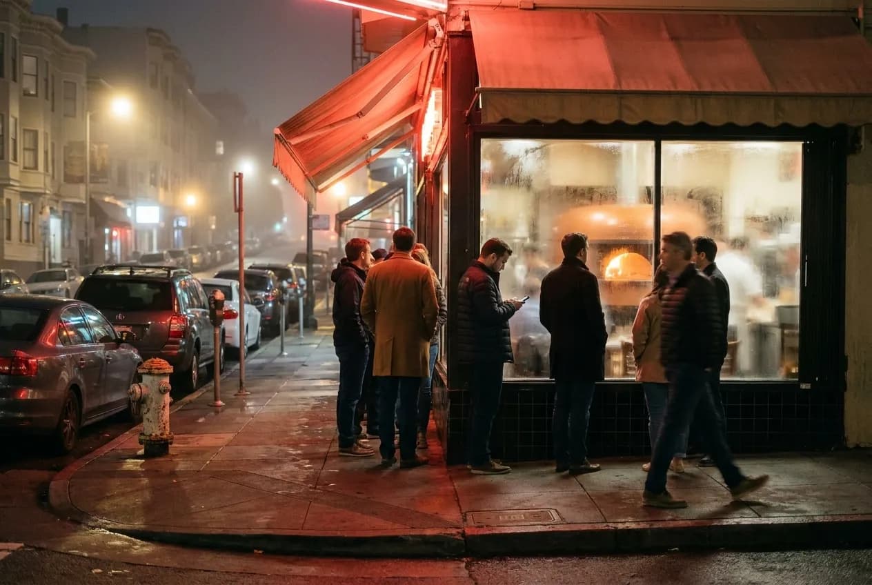 A short line outside a corner pizzeria on a foggy North Beach street at night