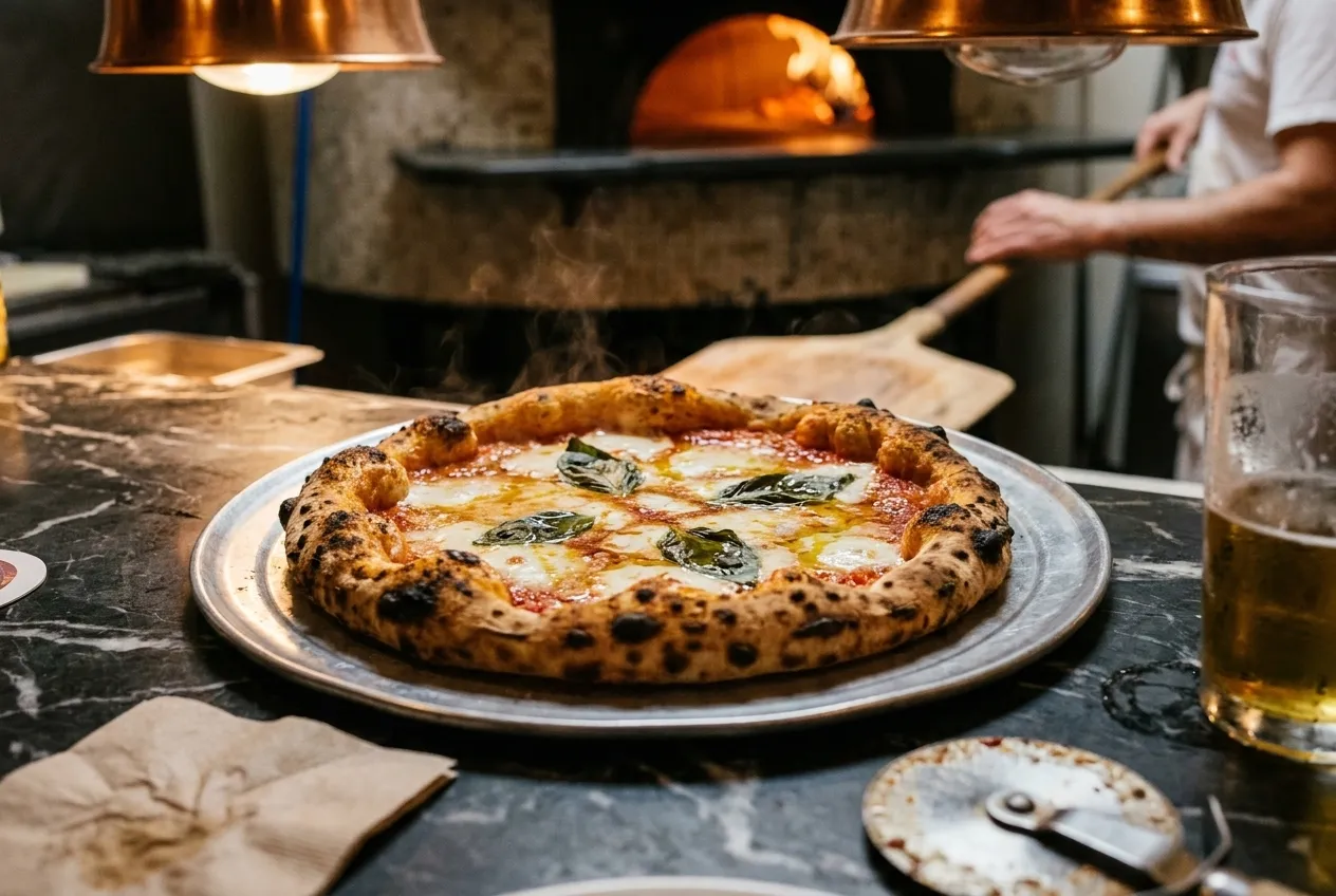 A Neapolitan margherita just out of the wood-fired oven on a metal pan inside a busy pizzeria