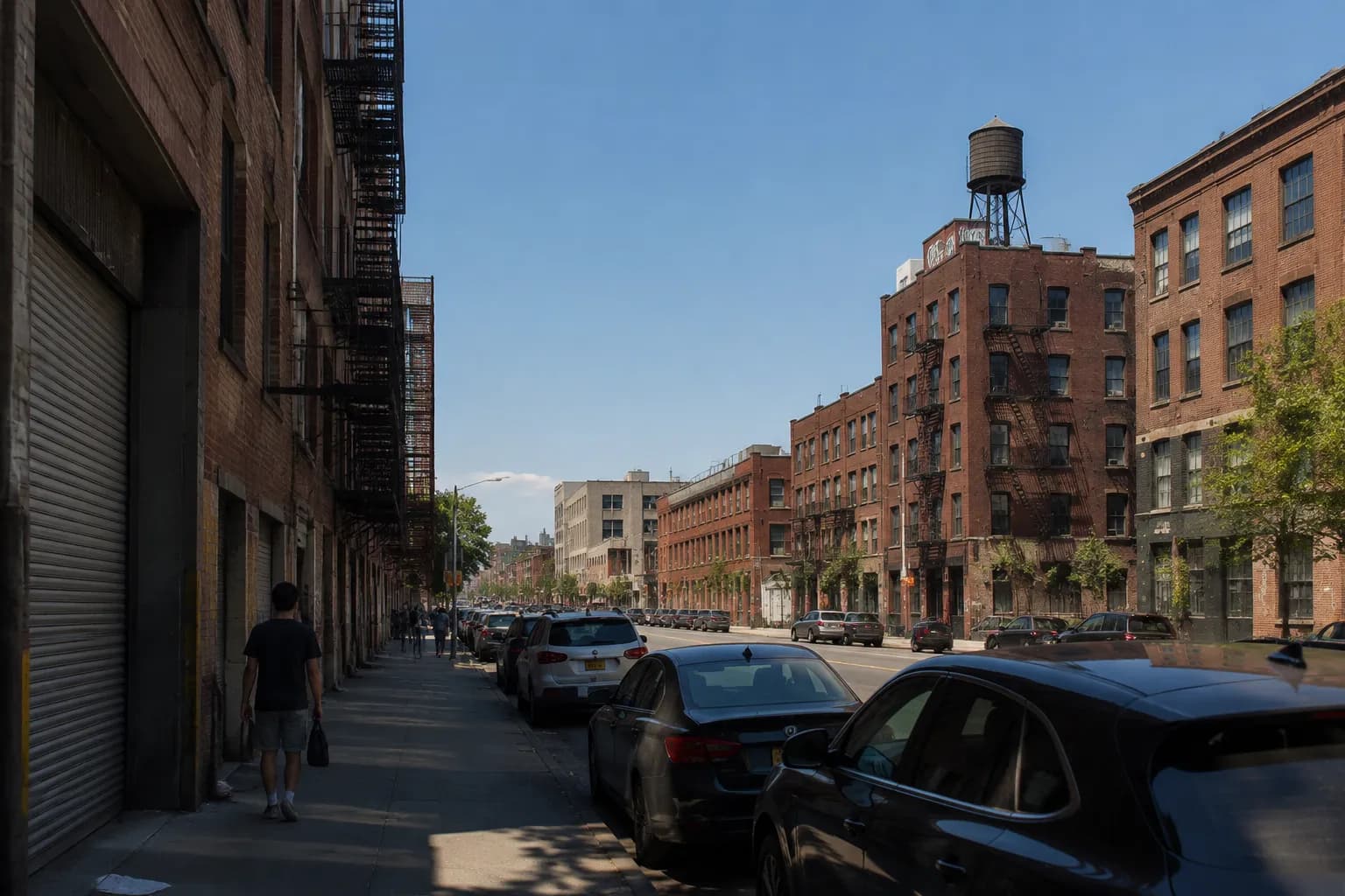 Bushwick Avenue street view on a summer afternoon with brick buildings and pedestrians