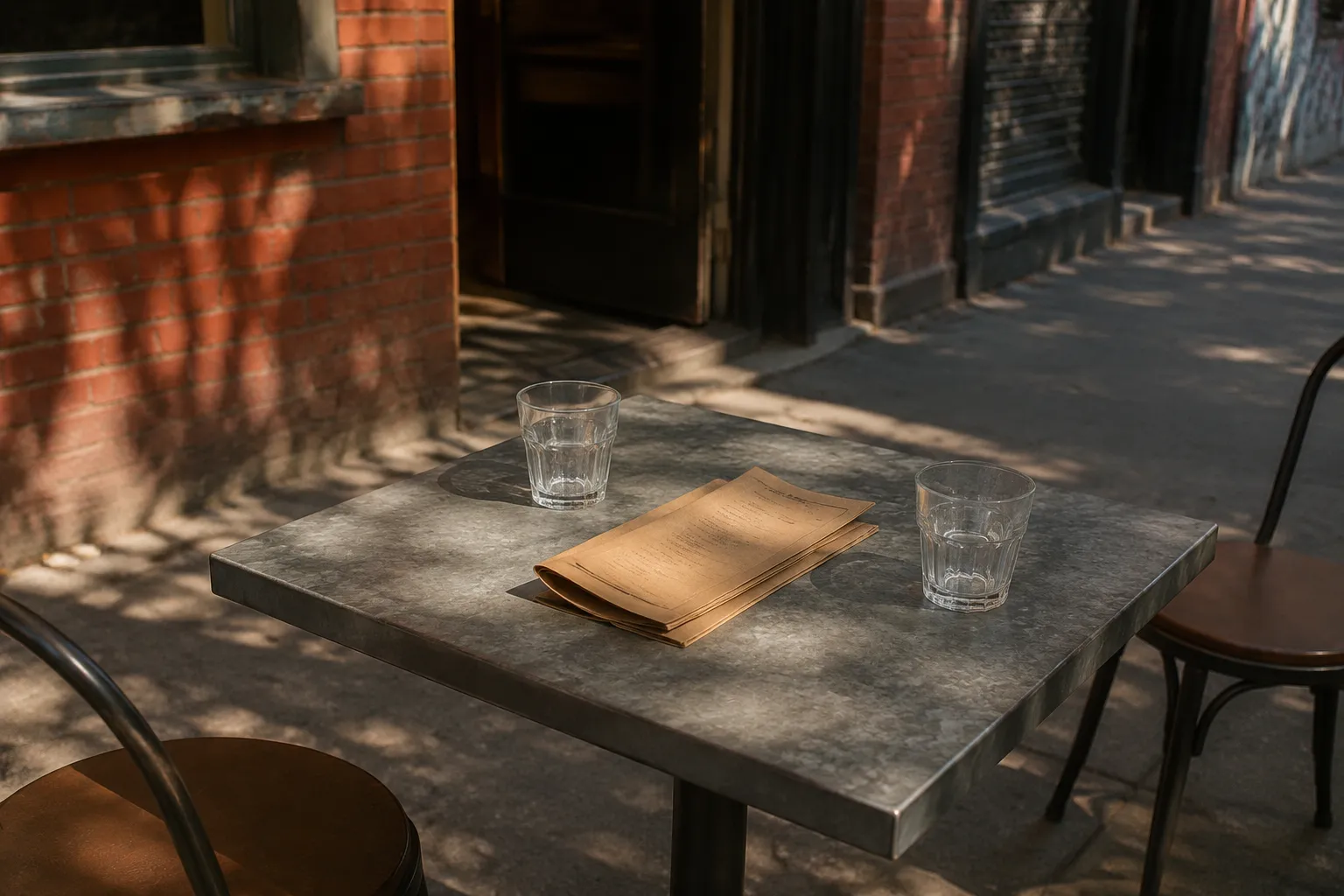 Empty outdoor cafe table with glasses on a Bushwick sidewalk in summer afternoon light