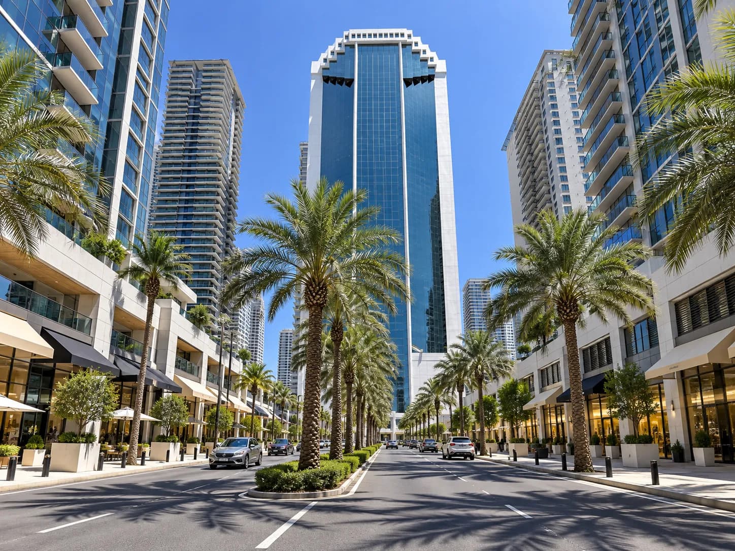 A row of ground-floor retail units at the base of a glass tower on a wide avenue