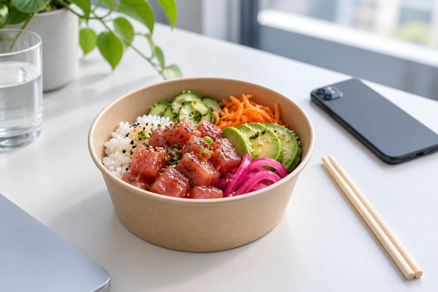 A takeaway bowl of raw fish and rice on a desk beside a phone